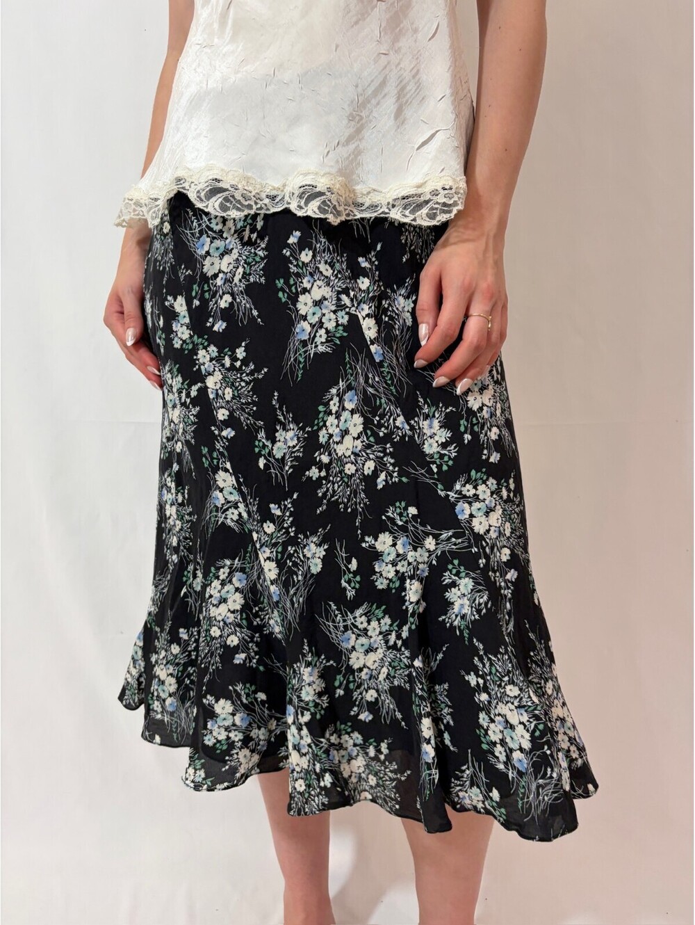 Black Floral Silk Jones New York Vintage Midi Fairy Skirt